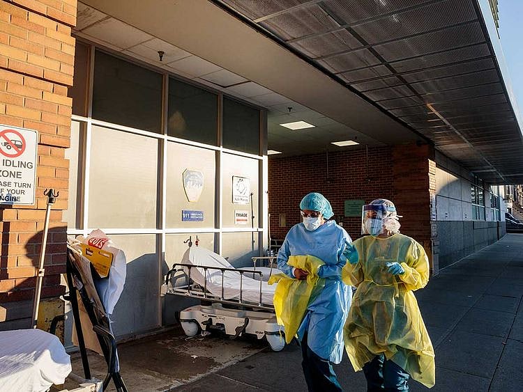 Medical workers at Maimonides Medical Center in New York