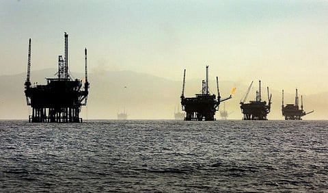 A line of off-shore oil rigs in the Santa Barbara Channel near the Federal Ecological Preserve en route to the Channel Islands National Marine Sanctuary in March 2015. 