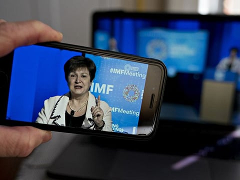 Kristalina Georgieva, managing director of the International Monetary Fund (IMF), speaks during a virtual news conference seen on a smartphone in Arlington, Virginia, U.S., on Wednesday, April 15, 2020. In its first World Economic Outlook report since the spread of the coronavirus and subsequent freezing of major economies, the IMF this week estimated that global gross domestic product will shrink 3% this year. Photographer: Andrew Harrer/Bloomberg