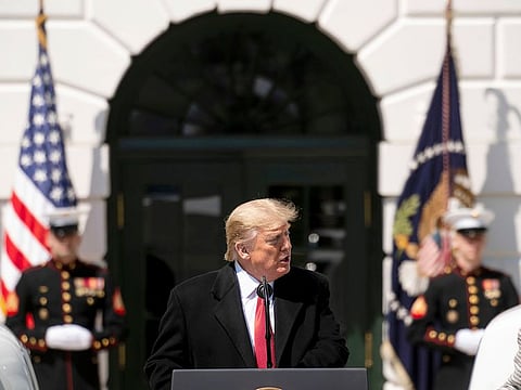 President Donald Trump celebrates America’s truckers during a ceremony at the White House in Washington, Thursday, April 16, 2020.