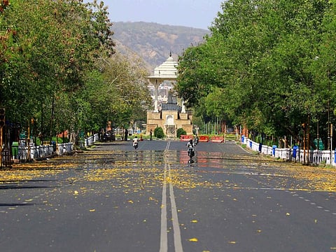 A view of a deserted Bhagwan Das Road during the nationwide lockdown against the coronavirus pandemic, in Jaipur 