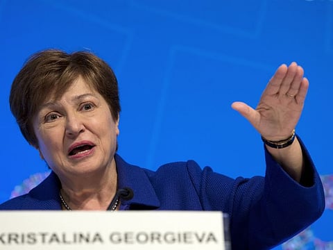 International Monetary Fund Managing Director Kristalina Georgieva speaks during a news conference after the International Monetary and Financial Committee (IMFC) meeting, at the World Bank/IMF meeting in Washington DC 