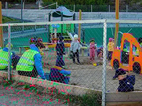 Children play in small groups in the sandbox on reopening day of the "Espira Grefsen Station Kindergarten" in Oslo, on April 20, 2020. Norway, which says it has the new coronavirus under control, started opening up pre-schools after a month-long closure.