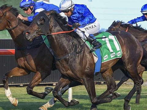 Jockey Grant Buckley rides Godolphin's Whispered to victory in a handicap at  Kembla Grange in Australia last month. 