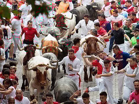 In this file photo taken on July 09, 2019 participants run next to Jose Escolar Gil fighting bulls on the third bullrun of the San Fermin festival in Pamplona, northern Spain.  Spain's best-known bull running festival in the northern town of Pamplona, held annually between July 6 and 14, has ben cancelled this year due to the coronavirus pandemic, city hall said on April 21, 2020. 