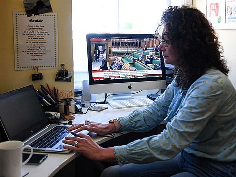 British MP Wendy Chamberlain participates in a remote session of the House of Commons in Westminster, London, from her home in Fife, Scotland on April 21, 2020,  during the nationwide lockdown to combat the novel coronavirus COVID-19 pandemic. 