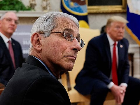 National Institute of Allergy and Infectious Diseases Director Dr. Anthony Fauci attends a coronavirus response meeting between U.S. President Donald Trump and Louisiana Governor John Bel Edwards in the Oval Office at the White House in Washington, U.S., April 29, 2020.