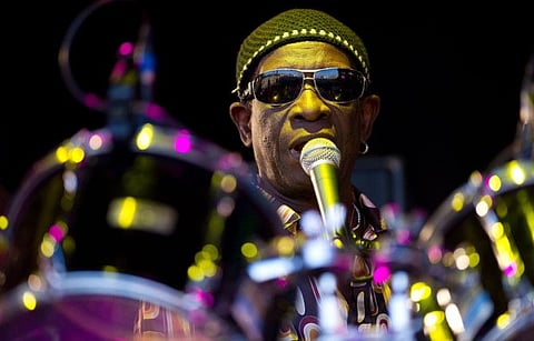 In this file photo taken on June 27, 2010 Nigerian drummer Tony Allen performs on the Park stage on the final day of the Glastonbury festival near Pilton, Somerset. 
