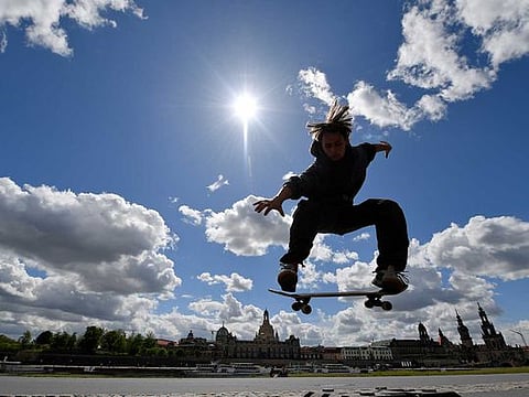 A skateboarder enjoys the weather in front of the old town area as the spread of the coronavirus disease (COVID-19) continues in Dresden, Germany, on May 1, 2020.