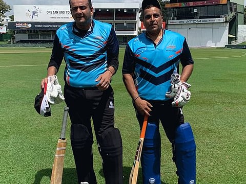 Shiva Pagarani (right) and Ranjeet Chavan, the architects of the Dubai Mammoths Club, after scoring unbeaten fifties at the Singhalese Sports Club ground in Colombo during the club's tour of Sri Lanka in 2019.  