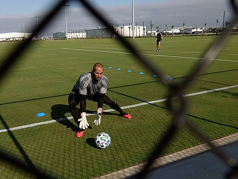 Inter Miami goalkeeper Luis Robles practises at the team's training facility in Fort Lauderdale