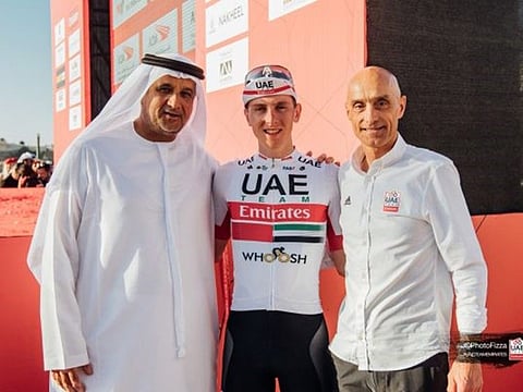Matar Suhail Al Yabhouni Al Dhaheri, UAE Team Emirates President, Tadej Pogacar and Mauro Gianetti, Team Principal & CEO
