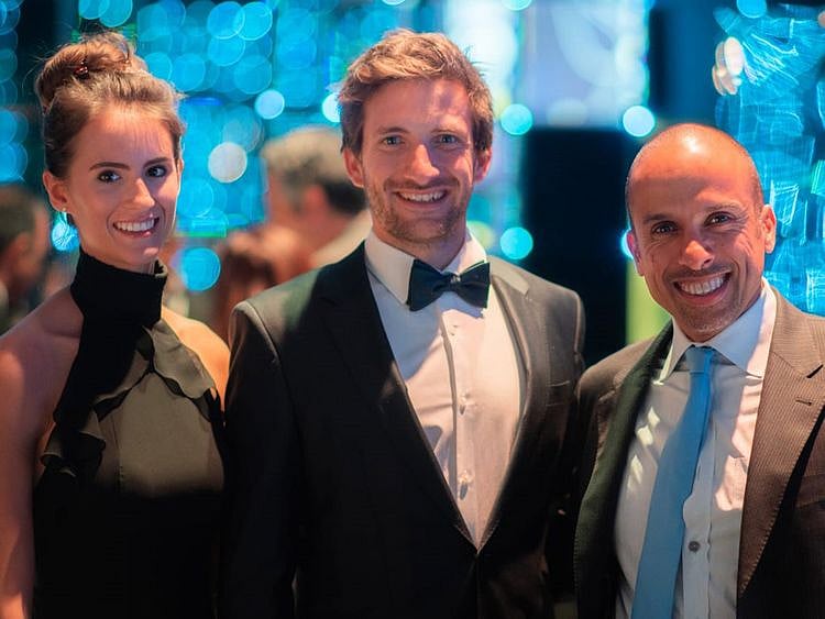 World Champion Kevin Reiterer (centre) is joined by Victory Team chairman Huraiz Bin Huraiz (right) and his longtime girlfriend Laura Ullrich at the 2019 Annual UIM Awards Night in Lausanne, in the first week of March.
