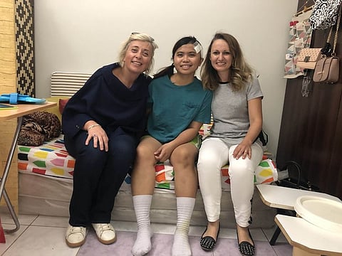 Eula at her Mankhool house with Good Samaritans Alessandra Rocchi (left) and Elda Plani