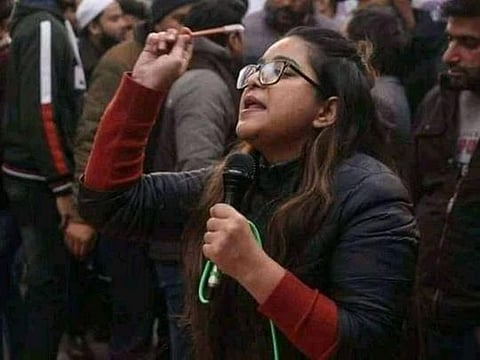 Safoora Zargar at a protest rally. The pregnant Zargar has been charged under the stringent Unlawful Activities Prevention Act.