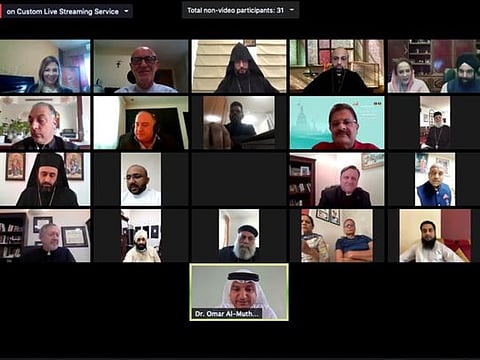 Dr Omar Al Muthanna and others at the Prayer for Humanity virtual meeting this afternoon