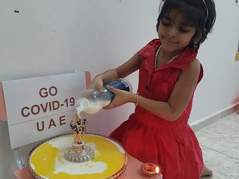 Little Chirasvi Mukku and her father offered special prayers for an early end to the pandemic at their home