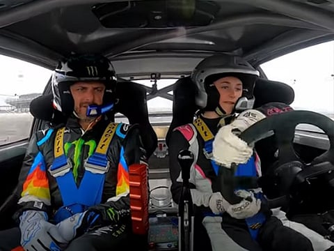 File Photo: Ken Block teaches his 13-year-old daughter how to drift.