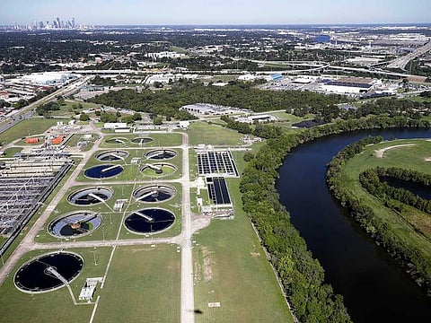 The Sims Bayou South Wastewater Treatment Plant and Sims Bayou river in Houston, Texas, US. City health officials and Rice University scientists have begun testing Houston wastewater samples for COVID-19, a process they hope will reveal the true spread of the new coronavirus as clinical testing continues to lag.