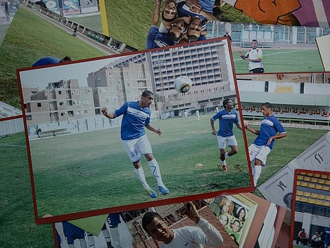  shows printed photographs of football defender 28-year-old Mahrous Mahmoud, during football training at a club, in Manfalut, a town 350 kilometers (230 miles) south of Cairo in the province of Assiut, Egypt. Mahmoud should be on the field at this time of year playing as a defender for Beni Suef, a club in Egypt's second division. But like millions in the Arab world's most populous country, he has been hit hard by the coronavirus pandemic