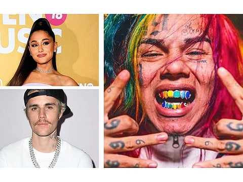 From left: Ariana Grande, Rapper Tekashi 6ix9ine and Justin Bieber