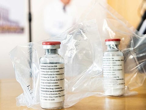 Two ampules of Ebola drug Remdesivir at the University Hospital Eppendorf in Hamburg, Germany, on April 8, 2020, as the spread of coronavirus disease (COVID-19) continues.