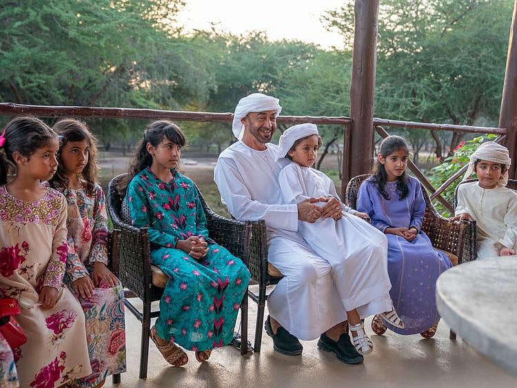 His Highness Sheikh Mohammed Bin Zayed Al Nahyan, Crown Prince of Abu Dhabi and Deputy Supreme Commander of the UAE Armed Forces exchanges Eid greetings on a video call with family