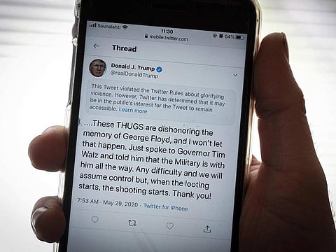 The twitter page of US President Donald Trump's is displayed on a mobile phone in Vaasa, Finland, on May 29, 2020.