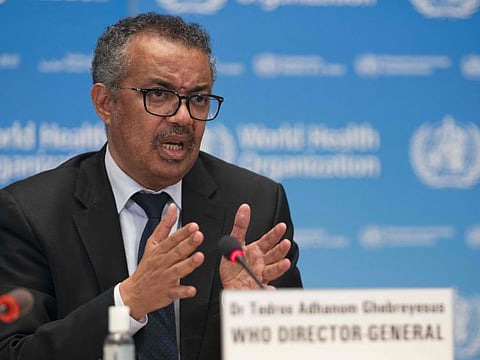 This handout image provided by the World Health Organization on May 27, 2020 in Geneva shows WHO Director-General Tedros Adhanom Ghebreyesus during the launch of a new foundation for private donations, amid the COVID-19 pandemic.