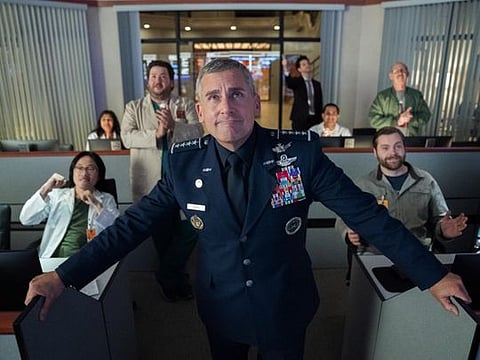 Space Force team Steve Carell, Ben Schwartz, and Jimmy O. Yang in Space Force (2020)