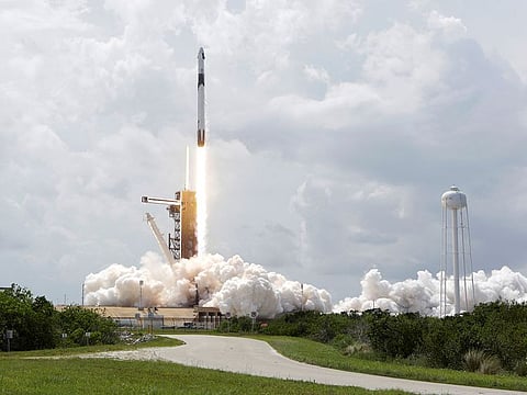 A SpaceX Falcon 9 rocket and Crew Dragon spacecraft carrying NASA astronauts Douglas Hurley and Robert Behnken lifts off during NASA's SpaceX Demo-2 mission to the International Space Station from NASA's Kennedy Space Center in Cape Canaveral, Florida, U.S., May 30, 2020. 