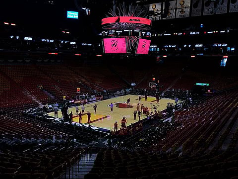 In this Oct. 23, 2019, file photo, the Miami Heat and the Memphis Grizzlies practice before an NBA basketball game in Miami, Florida.