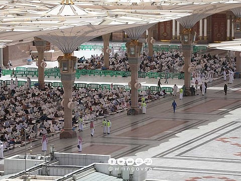 Worshippers perform Friday prayers inside the Prophet Mosque in Medina. After performing Hajj rituals, Muslim pilgrims usually flock to Medina, home to Prophet Mohammed’s Mosque and tomb.