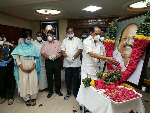  DMK president MK Stalin along with other party leaders including K. Kanimozhi pays floral tribute to party MLA of Chepauk-Triplicane Assembly constituency J. Anbazhagan who died of COVID-19 in Chennai on Wednesday. 