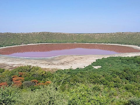 A general view of Lonar crater sanctuary lake is pictured in Buldhana district of Maharashtra state on June 11, 2020.