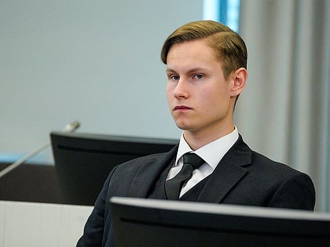 Defendant Philip Manshaus sits in a court room in Asker and Baerum district court in Sandvika, Norway, as he waits for the verdict on the last day of his trial, Thursday, Jun 11, 2020.  