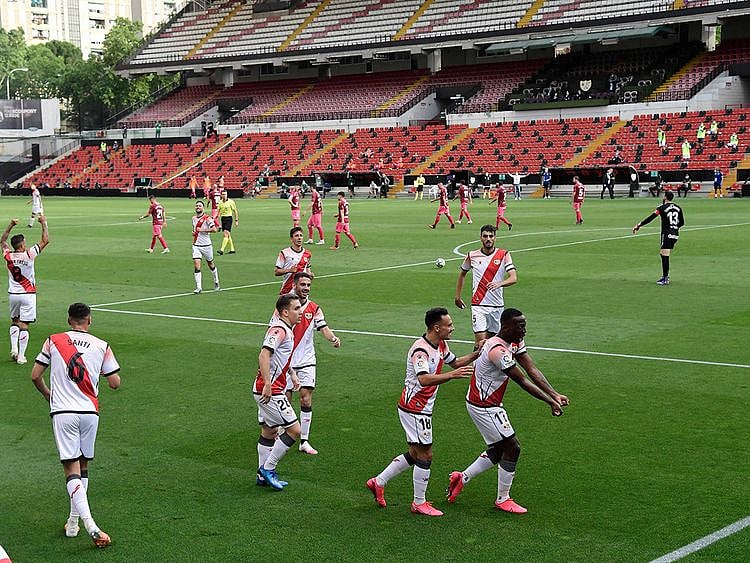 Rayo's Peruvian defender Advincula celebrates his goal with teammates during the match against Albacete at the Vallecas stadium in Madrid.