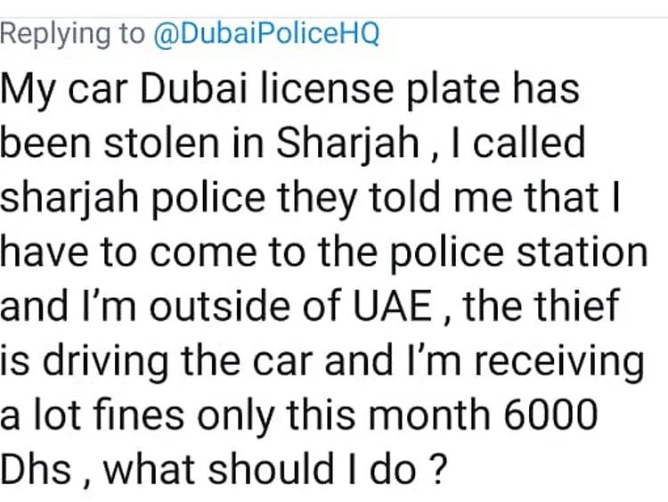 Tweet from the car owner who was outside the country when his car was stolen 
