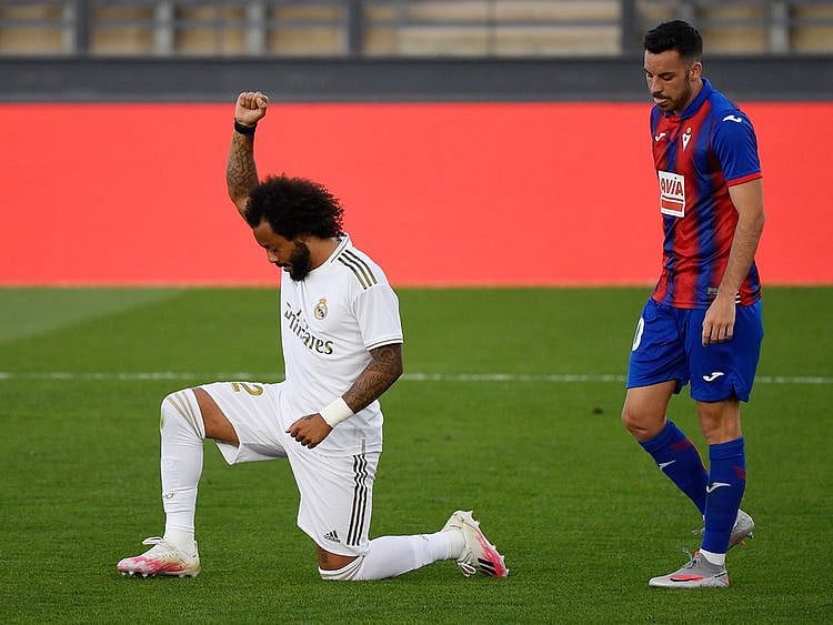 Real Madrid's Marcelo marked his goal against Eibar by taking a knee in support of the global anti-racism protests.