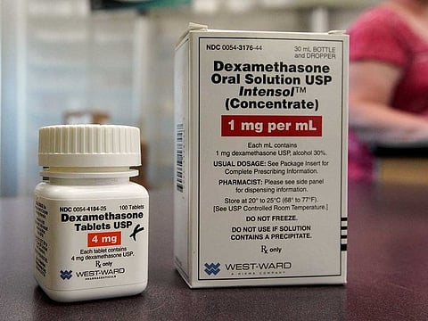 Packages of dexamethasone are displayed in a pharmacy in Omaha, Nebraska, US, on June 16, 2020.