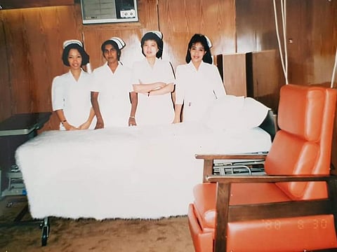 Aurora Aguinaldo (extreme right) with her fellow nurses in 1981
