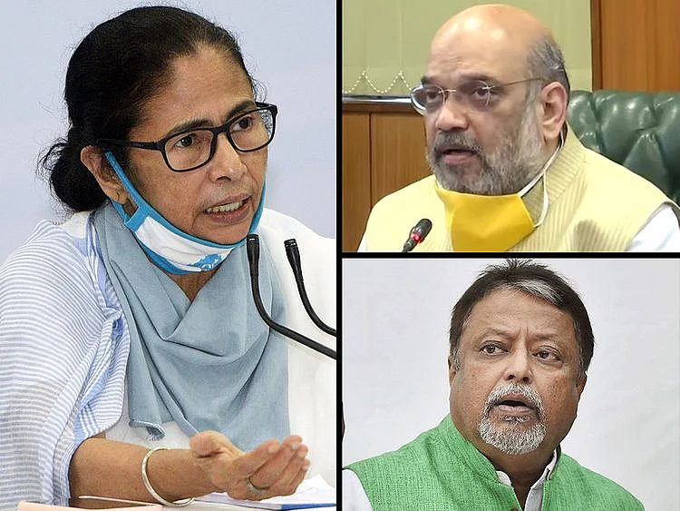 Clockwise from left: Mamata Banerjee, Amit Shah and Mukul Roy. 