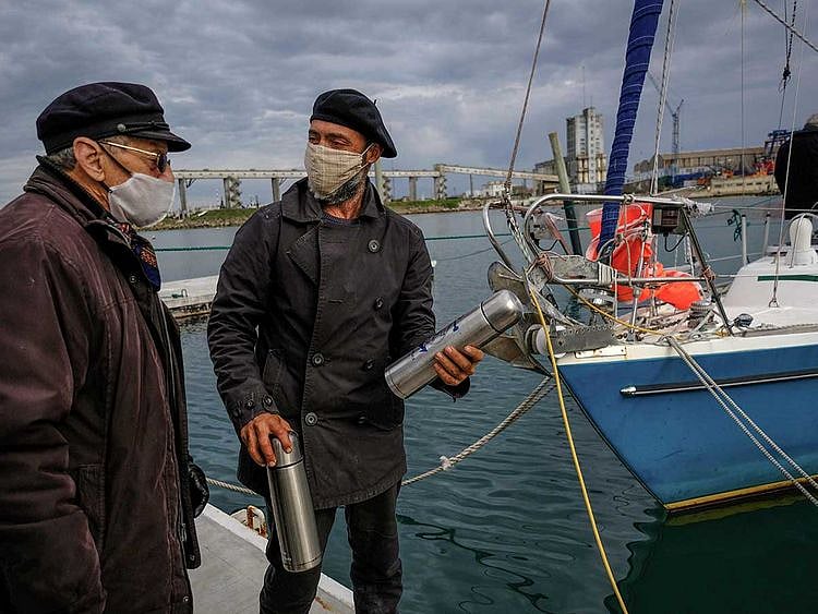 Argentine Juan Manuel Ballestero speaking with his father Carlos after sailing across the Atlantic