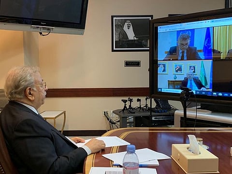   Saudi Ambassador to UN Abdullah Al Muallami takes part in a virtual meeting on UNWRA. 