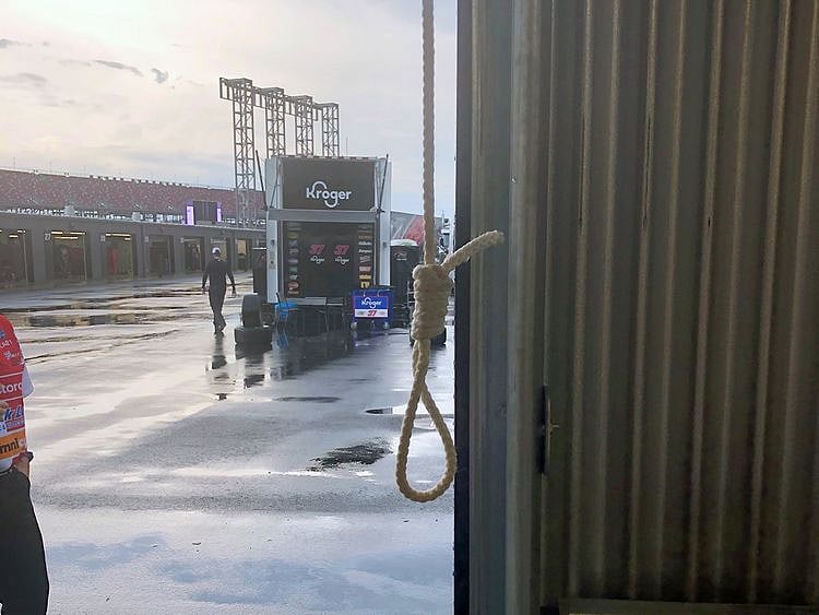 This photo provided by NASCAR shows the noose found in the garage stall of Black driver Bubba Wallace at Talladega Superspeedway in Talladega, Ala., on Sunday, June 21, 2020. The discovery prompted a federal investigation that determined the rope had been there since at least last October. (NASCAR via AP)