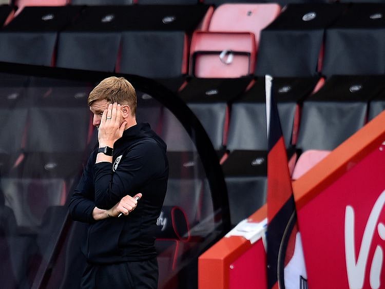 Bournemouth manager Eddie Howe reacts during the English Premier League soccer match between Bournemouth and Newcastle at Vitality Stadium in Bournemouth, England, Wednesday, July 1, 2020. (Glynn Kirk/Pool via AP)