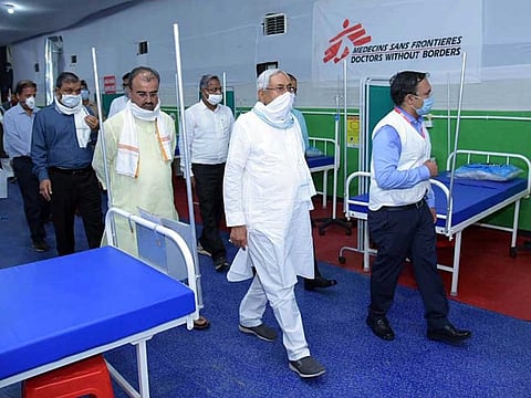 Chief Minister Nitish Kumar visits the COVID-19 treatment centre, in Patna on June 19, 2020.