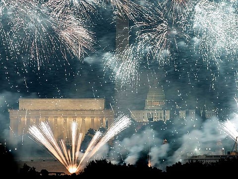 Fourth of July fireworks are seen over the National Mall from across the Potomac River in Arlington, Virginia, US, on July 4, 2019. 