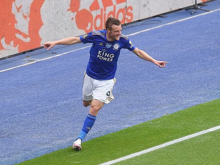 Leicester's Jamie Vardy celebrates after scoring during the English Premier League soccer match between Leicester City and Crystal Palace at the King Power stadium in Leicester