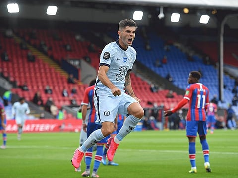 Chelsea's Christian Pulisic celebrates scoring their second goal against Crystal Palace during their Premiership clash today.